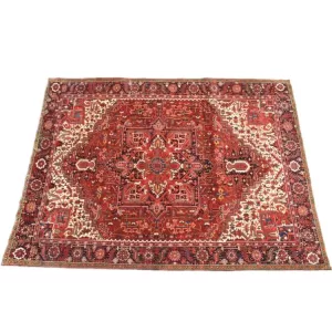 Vibrant Heriz rug with a central medallion surrounded by geometric patterns