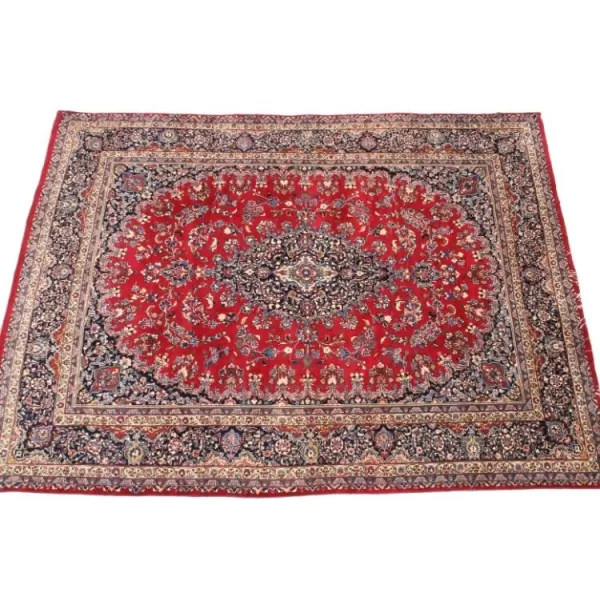 Handmade Persian rug, intricate border, eye-catching centerpiece