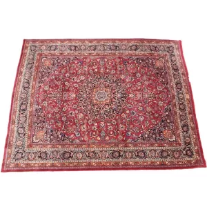 High-quality Mashad carpet, handcrafted, detailed, vibrant colors.