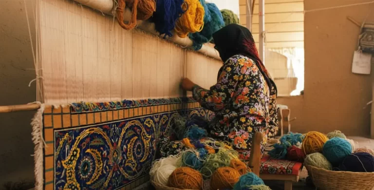 A woman weaving a traditional Persian carpet on a large loom, surrounded by colorful yarn balls